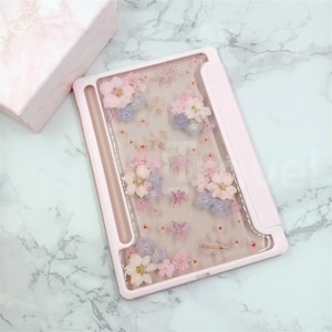 Real pressed Pink flower glitter resin case, Samsung Tab S9 S8+ case,Samsung Tab S7+ case,Samsung Tab A8 2022 case,Samsung Tab S6 Lite case