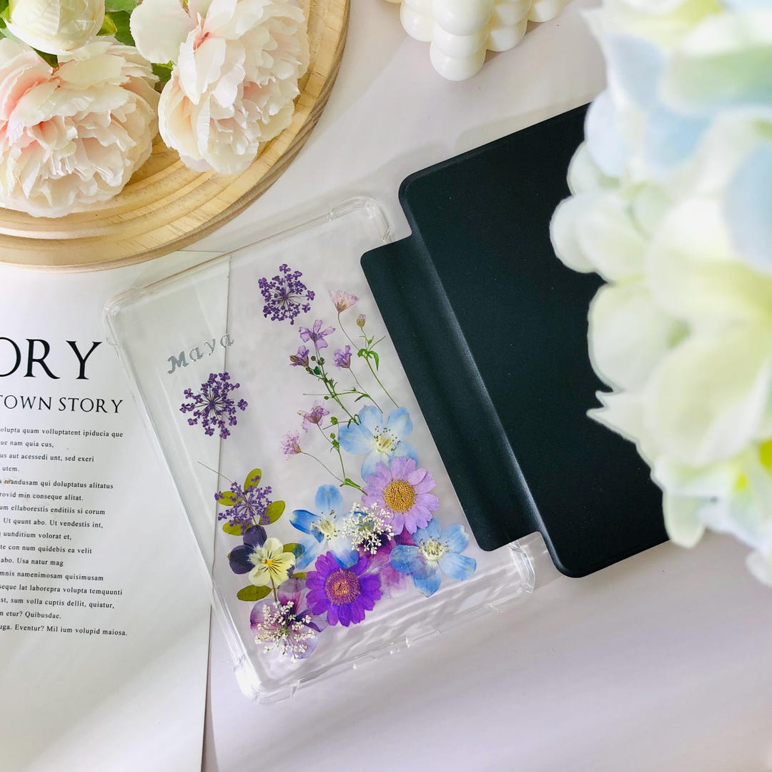 Blue Purple Pressed Flower Custom Name Kindle Case With Chain for ...