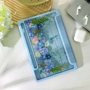 Blue pressed flower custom name tablet case for Samsung Tab S10 S9 S8 Ultra Plus, Samsung Tab S9 S10 FE+, Samsung Tab A8 A9+, iPad Air 2025