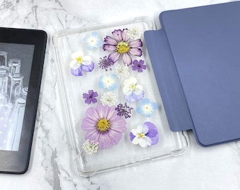 Pressed purple cosmos blue petals flower case for Kindle Colorsoft 7'',Kindle Paperwhite 12th 11th 10th gen, Kindle 6'' 2024, Oasis 2019 7''