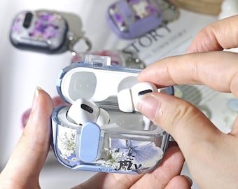Real purple pink flower AirPods case with hidden phone holder for AirPods 4, AirPods Pro 2nd 3rd gen,custom name cover gift for her