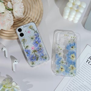Custom name pressed blue flower  case for iphone 17 16 15 14 pro max 17e 16e Air, Google pixel 9 10 pro,Samsung S26 S24 S25 FE Ultra A56