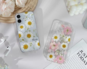Real white daisy pink flower custom name case for iphone 17 16 15 pro max 17e 16e Air,Google pixel 9 10 pro,Samsung S26 S25 FE Ultra,Z Fold8