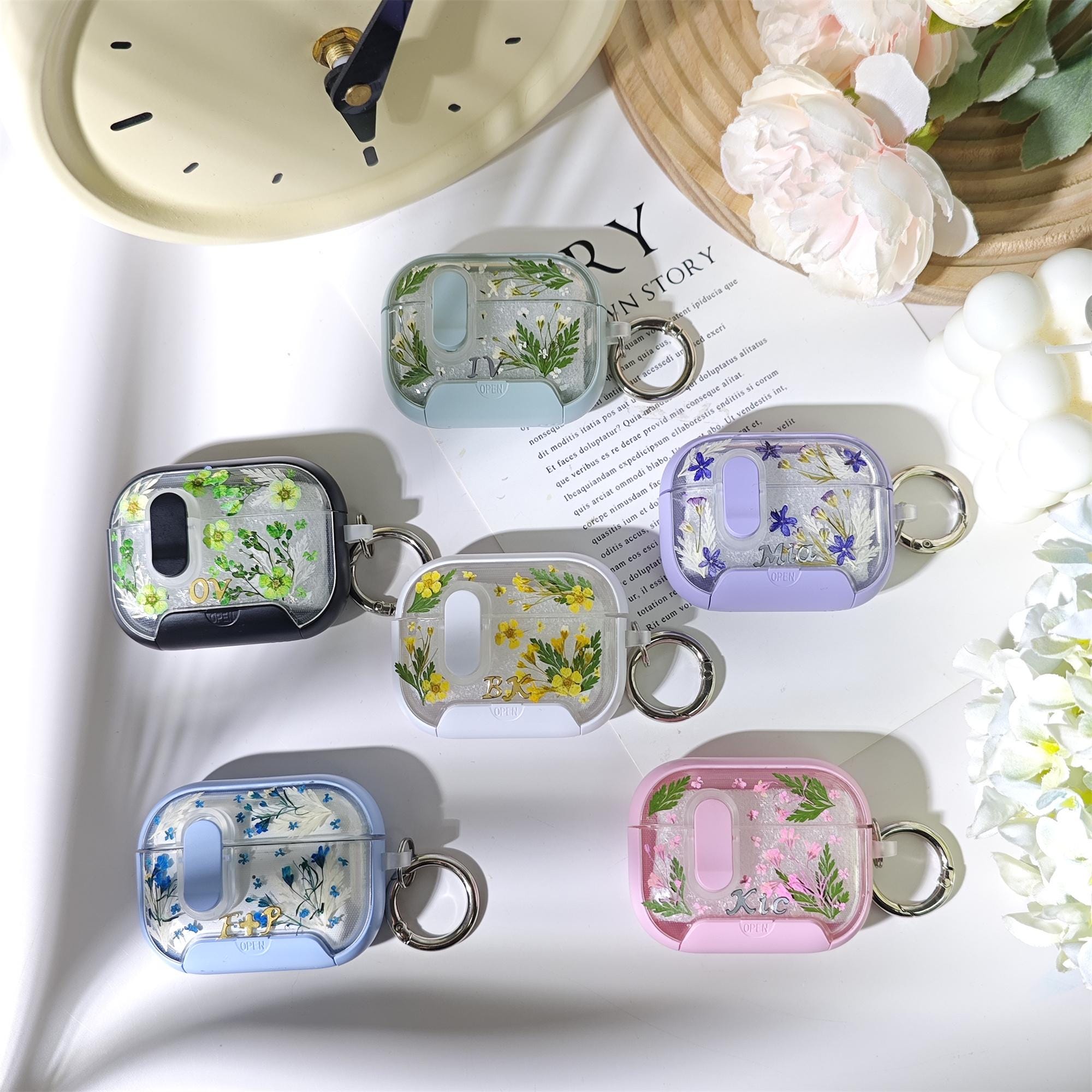 押し花のAirPodsケース、隠し電話ホルダー付き、AirPods 4、AirPods 