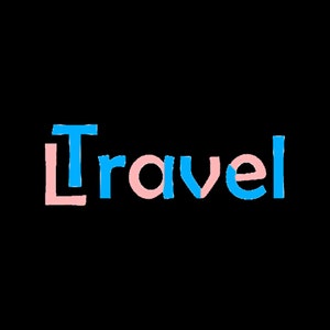 May include: The word "Travel" is written in blue and pink letters. The "T" is pink, the "ra" is blue, the "v" is pink, the "el" is blue.