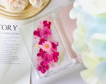 Custom name handmade pink pressed flower case with chain for Kindle 6'' 2024 2022,Paperwhite 12th 11th gen,Oasis 2019,Kobo Clara Colour BW