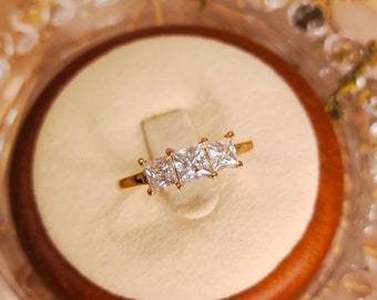 Three Stone Moissanite Engagement Ring, 14K Yellow Gold Ring, Three Stone Princess Ring, Wedding Promise Ring, Classic Anniversary Ring