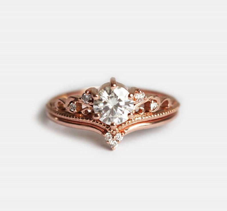 14k rose gold ring set, bridal ring set, sterling silver set, statement jewelry, bridal jewelry, bridal ring, gift for her, gift for bride,