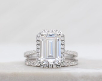 3,0 Ct Ensemble de bagues de fiançailles en moissanite taille émeraude, ensemble de bagues antiques en moissanite avec halo, ensemble de bagues de mariage diamants, bague de mariage assortie