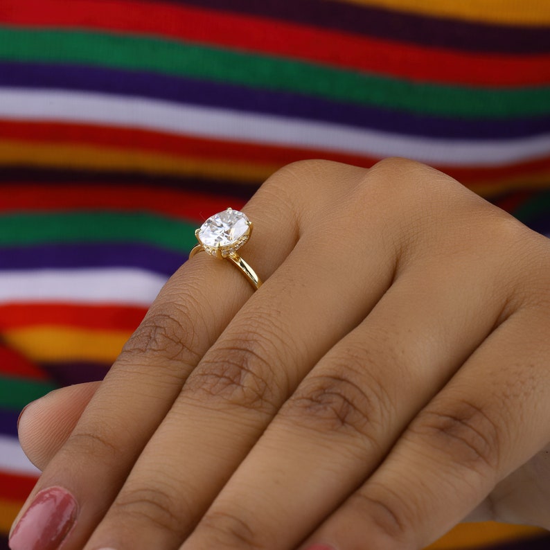Oval Cut Moissanite Ring, Hidden Halo Moissanite Engagement Ring, 14K Yellow Gold Promise Ring, Anniversary Ring for Women, Gift for Her image 4