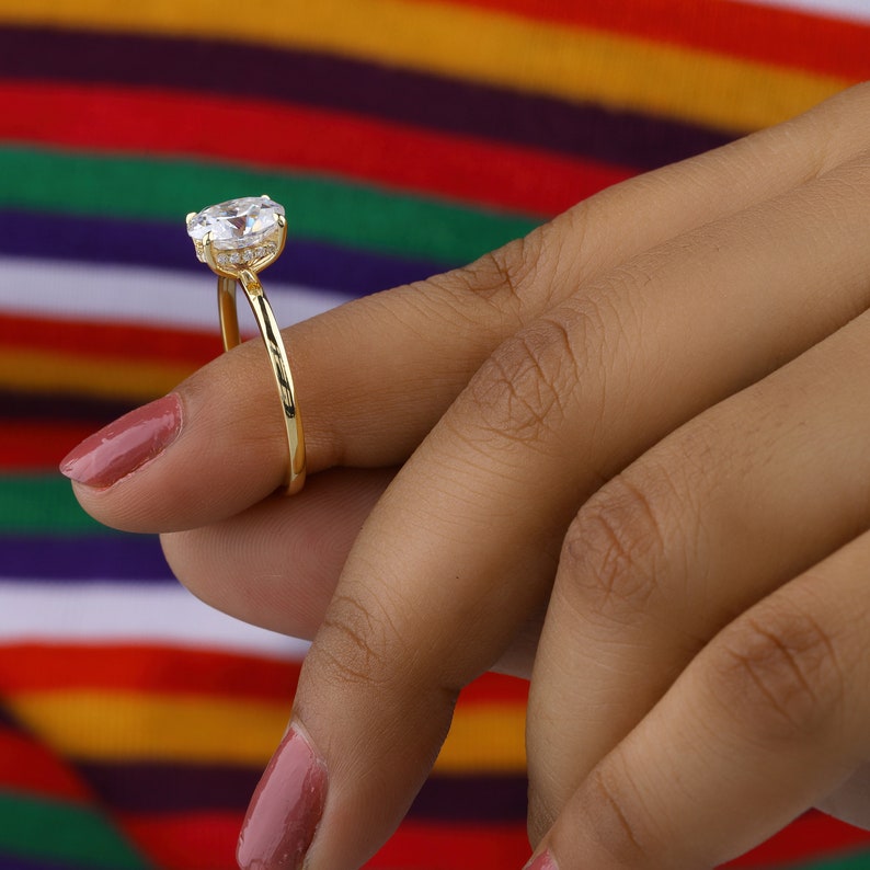 Oval Cut Moissanite Ring, Hidden Halo Moissanite Engagement Ring, 14K Yellow Gold Promise Ring, Anniversary Ring for Women, Gift for Her image 2