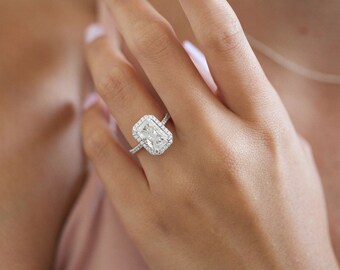 Radiant Cut Engagement Ring, Halo Moissanite Engagement Ring, 14K White Gold Anniversary Ring for Women, Wedding Ring, Gold Promise Ring