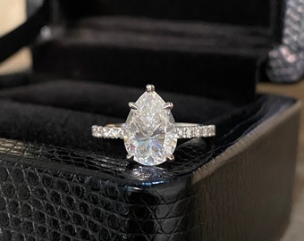 Pear Cut Moissanite Engagement Ring, Hidden Halo Diamond Engagement Ring, 14K White Gold Anniversary Promise Ring for Her, Wedding Gift Ring