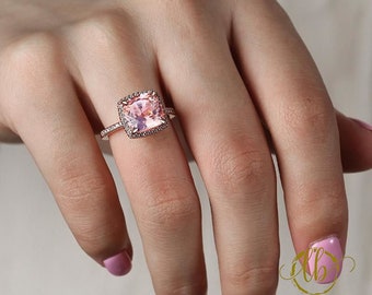 Cushion Cut Morganite Ring, 14K Rose Gold Ring, Peach Gemstone Ring, Halo Engagement Ring, Vintage Art Deco Ring, Anniversary Gift For Women