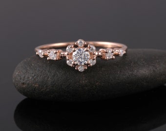 Round Cut Moissanite Engagement Ring, Halo Moissanite Ring, 14K Rose Gold Wedding Ring for Women, Anniversary Promise Ring, Gift for Her