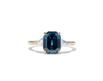 3 CT Emerald Cut Blue Sapphire Engagement Ring, Three Stone Wedding Ring, 14K Yellow Gold Ring, Promise Ring, Handmade Anniversary Ring