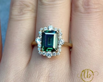 Green Emerald Engagement Ring, Anniversary Gold Ring, Emerald Cut Ring, Halo Ring, Unique May Birthstone Promise Wedding Ring, Vintage Ring