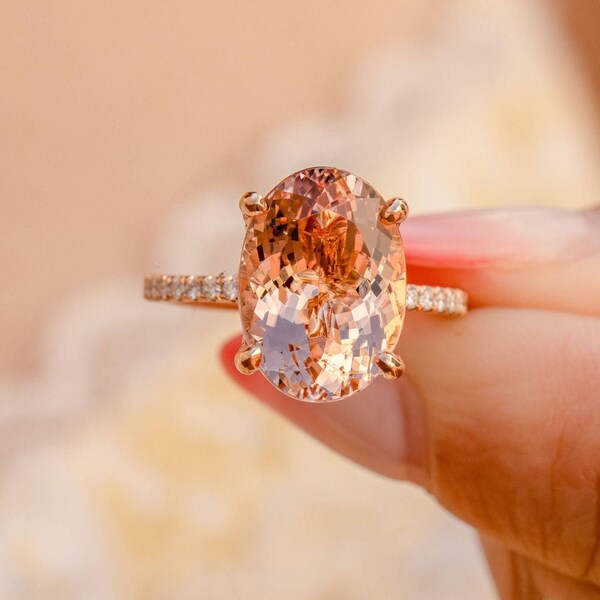 Anillo de compromiso de morganita de talla ovalada, anillo de oro rosa de 14 qt, anillo art déco vintage, anillo de compromiso único, anillo de piedra preciosa de morganita, regalo para ella