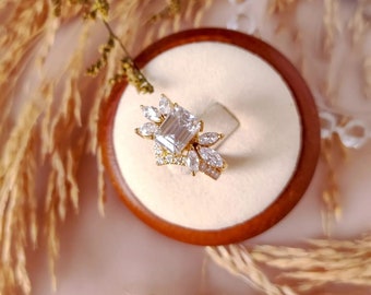 Moissanite Engagement Ring Set, 14K Solid Gold Ring Set, Emerald Cut Wedding Set, Bridesmaid Gift, Art Deco Bridal Set, Handmade Jewelry