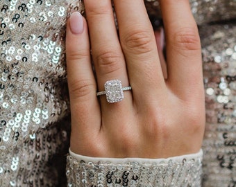 Radiant Cut Engagement Ring, Halo Radiant Cut Ring, 14K White Gold Wedding Ring, Promise Anniversary Ring, Vintage Ring, Moissanite Ring