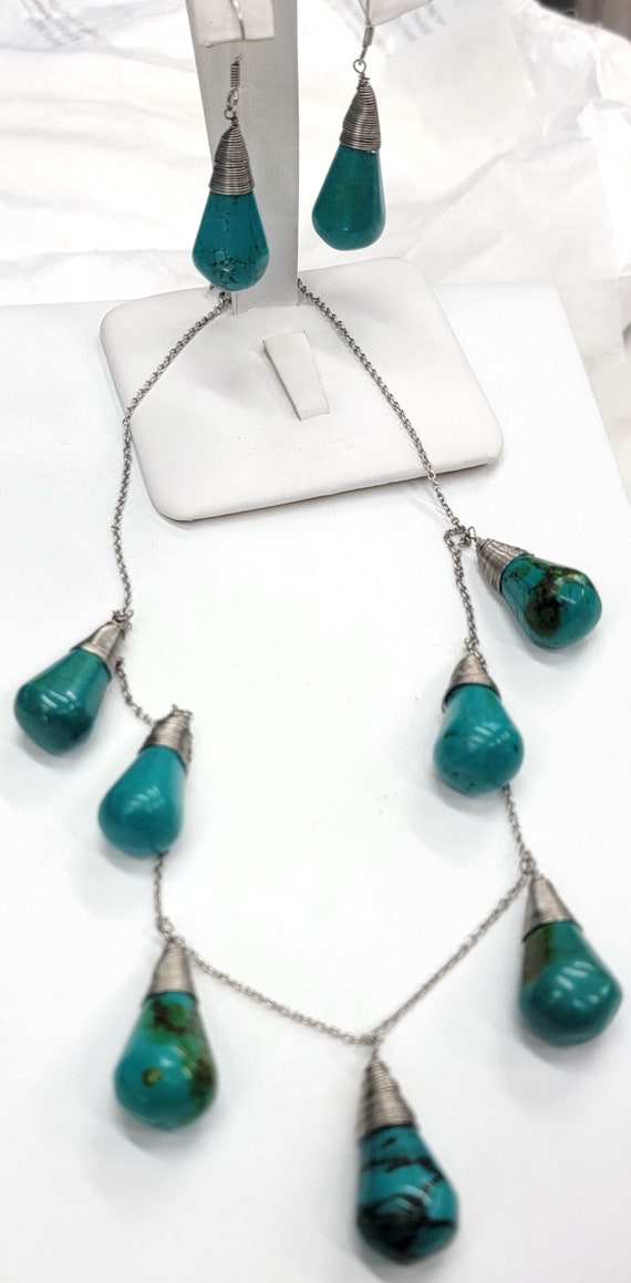 Vintage Variscite Turquoise Blue Jewelry Set - image 2