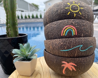 Set of Four hand Painted Coconut Bowls| Wave, Sunshine, Palm Tree and Rainbow Coconut bowls | All Natural and Eco-Friendly Coconut Bowls