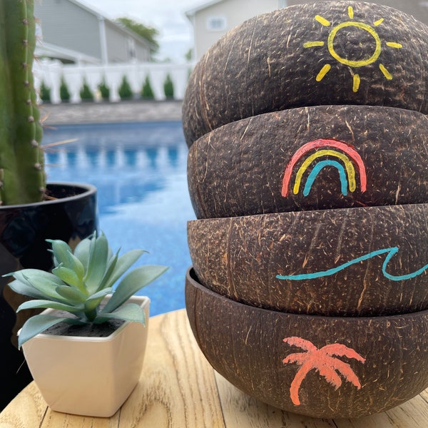 Set of Four hand Painted Coconut Bowls| Wave, Sunshine, Palm Tree and Rainbow Coconut bowls | All Natural and Eco-Friendly Coconut Bowls