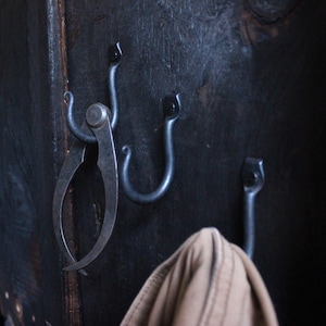 May include: Three metal hooks mounted on a dark wood surface. Two hooks are in the shape of a U and one hook is a long, thin, curved tool.