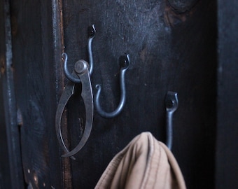 May include: Three metal hooks mounted on a dark wood surface. Two hooks are in the shape of a U and one hook is a long, thin, curved tool.