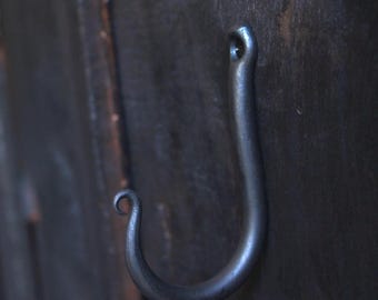 May include: A black metal hook with a decorative curl at the end. The hook is mounted on a dark wooden surface.