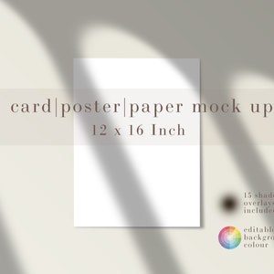Op de afbeelding: Een witte, rechthoekige papieren mock-up met de tekst "card | poster | paper mock up". Afmetingen: 30,5 x 40,6 cm. De afbeelding bevat een schaduwoverlay en een kleurenwiel voor de bewerkbare achtergrondkleur.