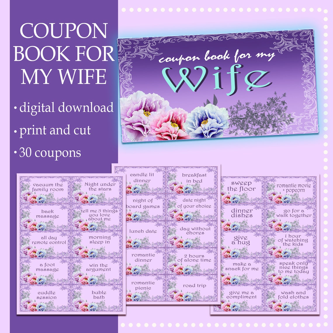 Coupon Book For Wife Printable Coupon Book Instant Download Love Coupon Book Love Vouchers