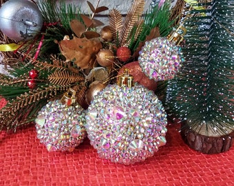 Christmas Rhinestone Ornaments, Tree Decor Set, Xmas Ornament, Handmade Christmas Rhinestone Ornament,  Glam Holiday Decoration