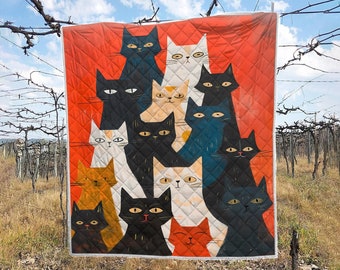 Vintage cartoon katten quilt beddengoed set, Awesome Kittys quilt deken, kerstcadeaus, Halloween cadeaus, verjaardagscadeaus voor kattenliefhebber