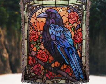 Gothic Raven Woven Throw Blanket: Bird & Flowers Tapestry