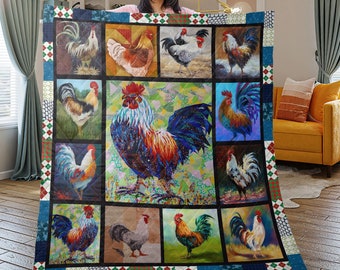 Vintage Rooster Chicken Quilt Bedding set, Christmas Chicken Farm Quilt Blanket, Christmas Home Decor, Christmas Gift for Chicken lover