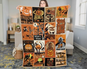 Retro Halloween Throw Blanket: Vintage Jack-o'-lantern Spooky Season Pumpkin Holiday Home Decor