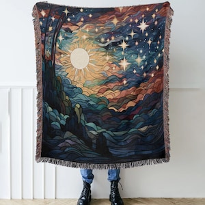 Sternenklare Nacht gewebte Decke: Himmlischer Mond-Kunst-Wandteppich