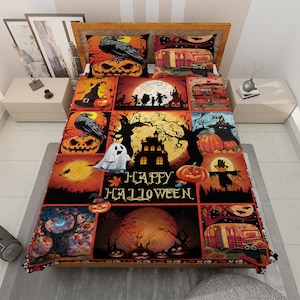Vintage Spooky Season Pumpkin Halloween Bedding set, Jack-o&#39;-lantern Ghost Bat Cat and Owl Quilt Blanket, Vintage Halloween Home Decor