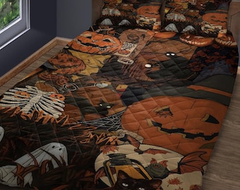 Set di biancheria da letto vintage con trapunta di Halloween: decorazioni spettrali con zucca, fantasma e gatto