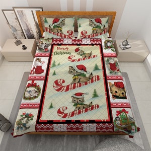 Vintage niedliche Katzen Meowy Weihnachten Quilt Bettwäsche Set, Weihnachten lustige Katze Quilt Decke, Weihnachtsgeschenke für Katzenliebhaber, Weihnachten Wohnkultur