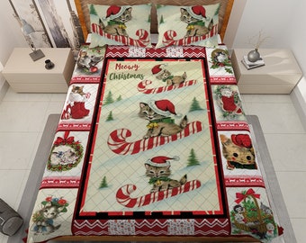 Vintage Cute Cats Meowy Christmas Quilt Bedding Set, Christmas Funny Cat Quilt Blanket, Christmas Gifts for cat lover, Christmas Home decor