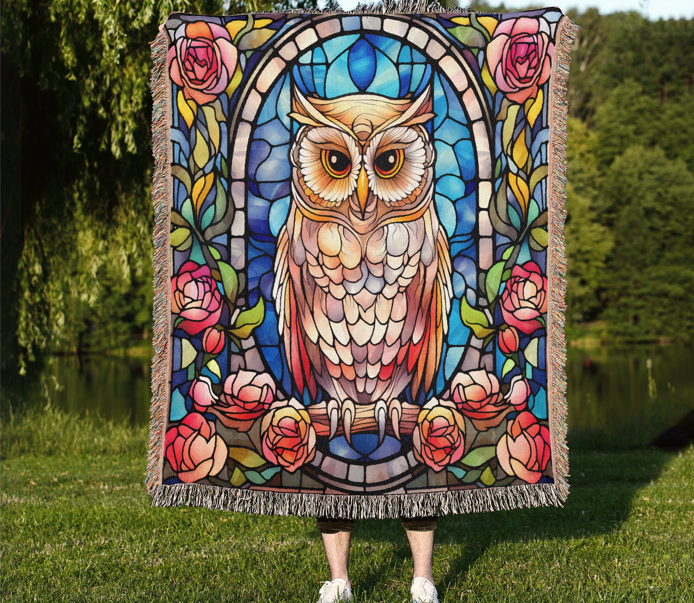 Vintage Floral Owl Woven Throw Blanket: Christmas Tapestry