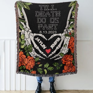 Floral Skull Woven Throw Blanket, Personalized Couple Skeletons Wedding Wall Tapestry, Custom Wedding Aninversary Gift, Till Dead Do us Part