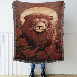 Vintage Lion with Flowers Woven Throw Blanket, Retro Lion Woven Cotton Wall Tapestry, Hippie Style Lion Cottagecore Decor, Christmas Blanket