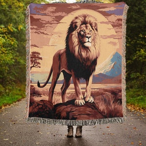 Vintage Lion Woven Throw Blanket, Retro Lion Woven Cotton Wall Tapestry, Hippie style Style Lion Cottagecore Blanket, Christmas Blanket