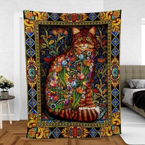 Vintage Floral Cat Woven Throw Blanket, Hippie Cat Woven Wall Decor, Gift for Cat Lovers, Cat Woven Tapestry, Christmas House Decoration