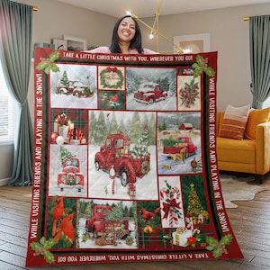 Vintage Christmas Tree Farm Truck Quilt: Retro Red Car Bedding Set