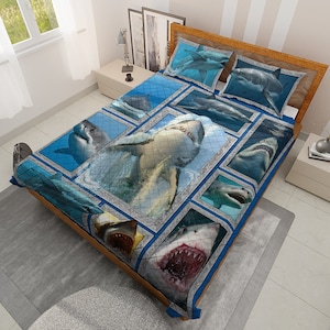 Colorful Scary Shark Quilt Bedding set, Christmas Sea Animal Shark Quilt Blanket, Christmas Home Decor, Christmas Gift for Shark lover