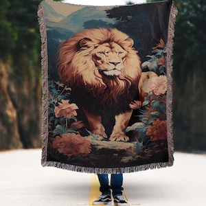 Vintage Lion sitting on the Flower Garden Woven Throw Blanket, Retro Lion Woven Wall Tapestry, Hippie Style Lion Cottagecore Home Decor